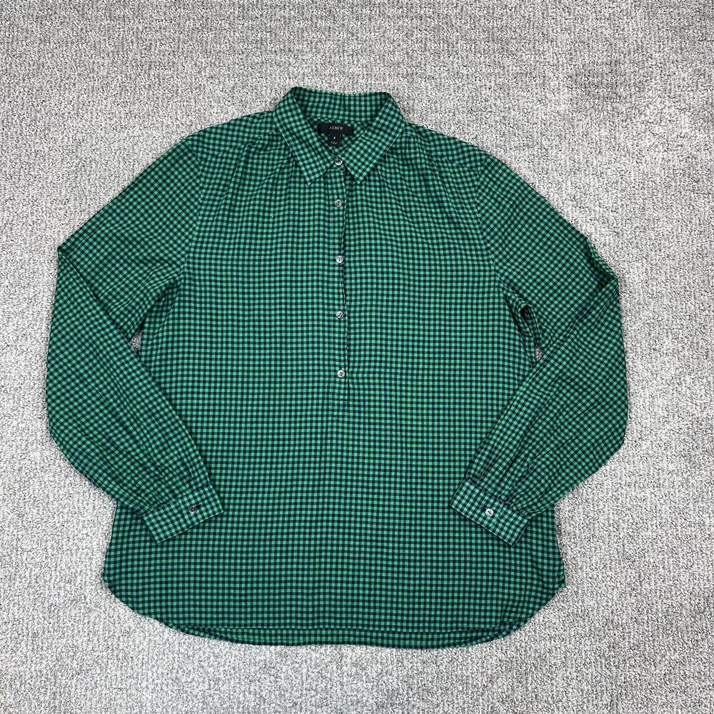 J Crew Shirt Womens 8 Green Check Stretch Button Popover Casual Top Gingham